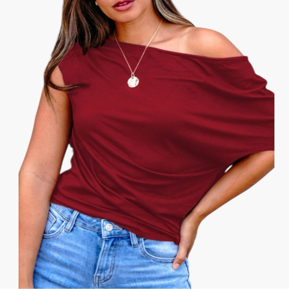 ONE LEFT! 5229. Elegant Off-Shoulder Burgundy Top